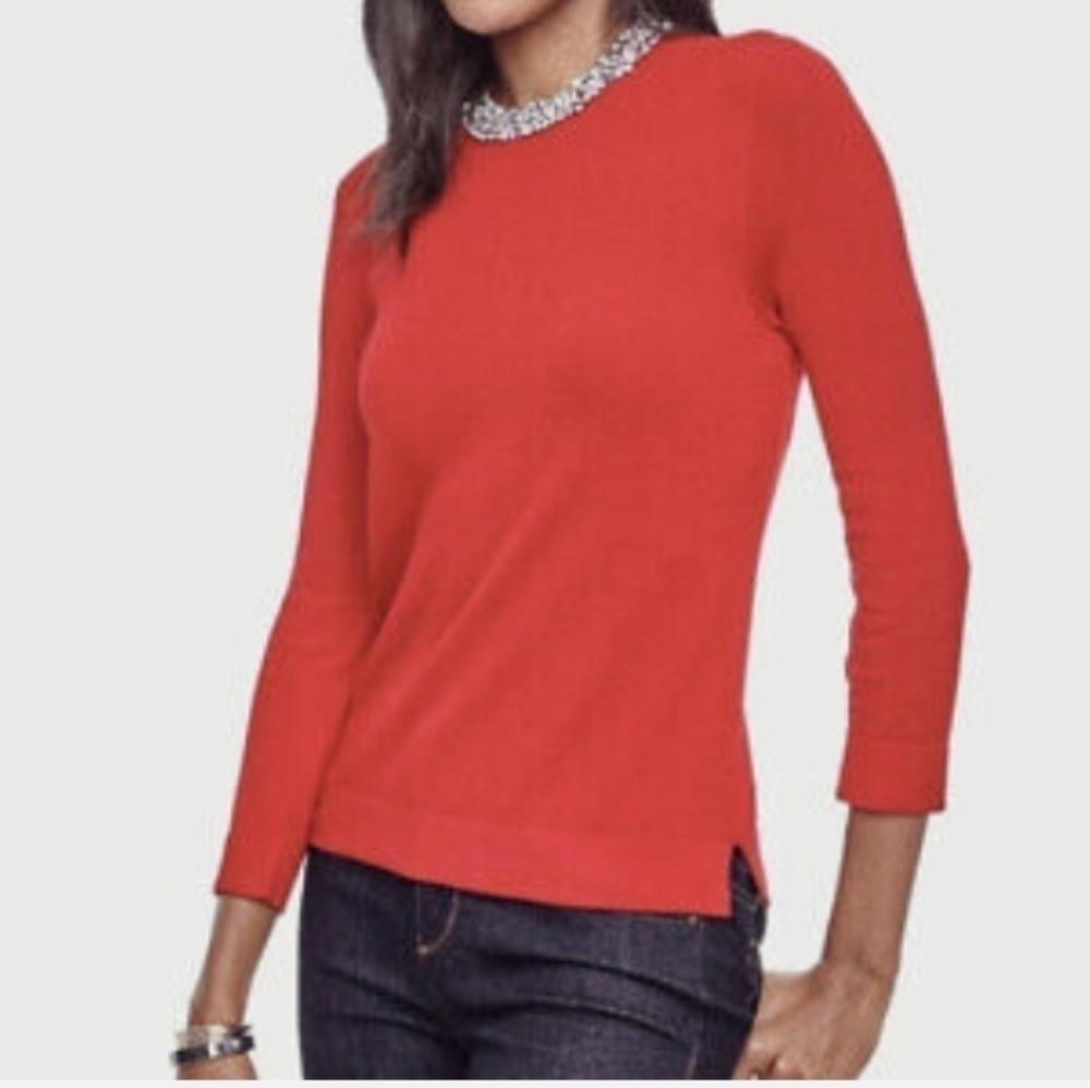 Ann Taylor Petite Crystal Jeweled Rhinestone Collar Sweater In Red